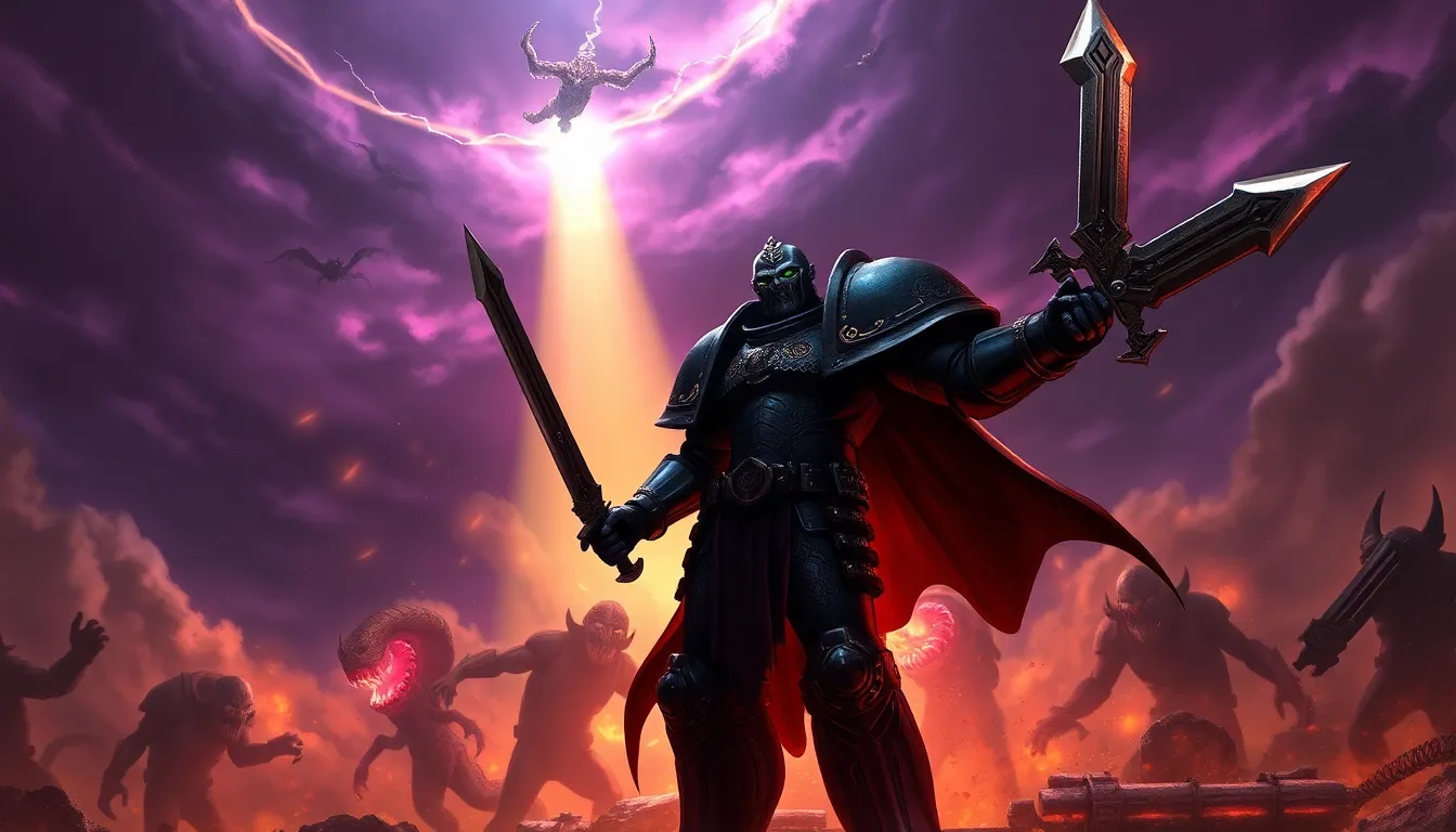 Daemonhunter in armor confronting daemons on a war-torn battlefield.