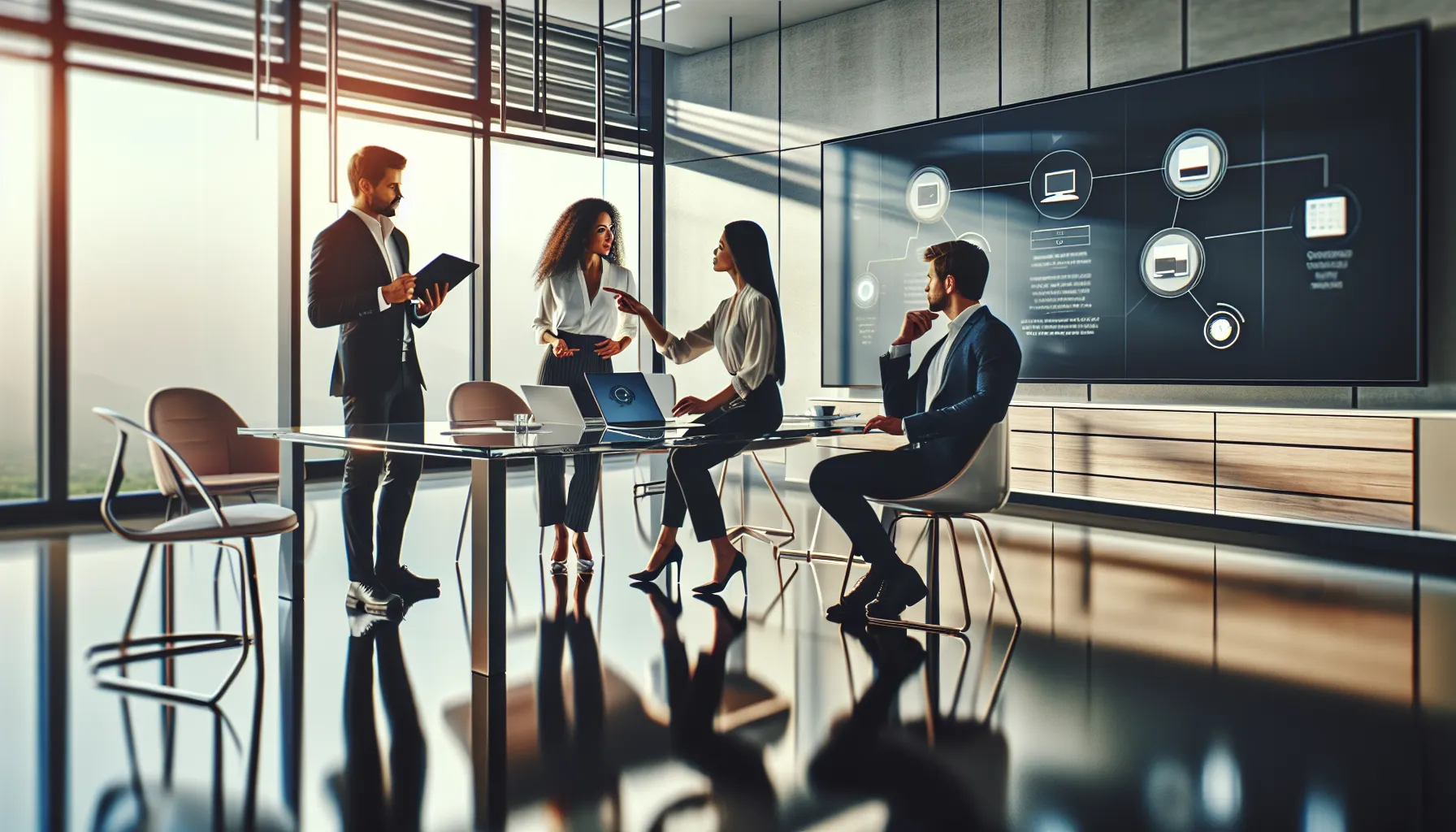diverse professionals discussing laptop needs in a modern office.