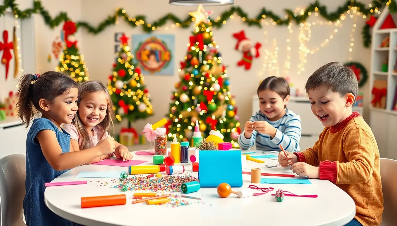 children crafting holiday decorations in a festive classroom.