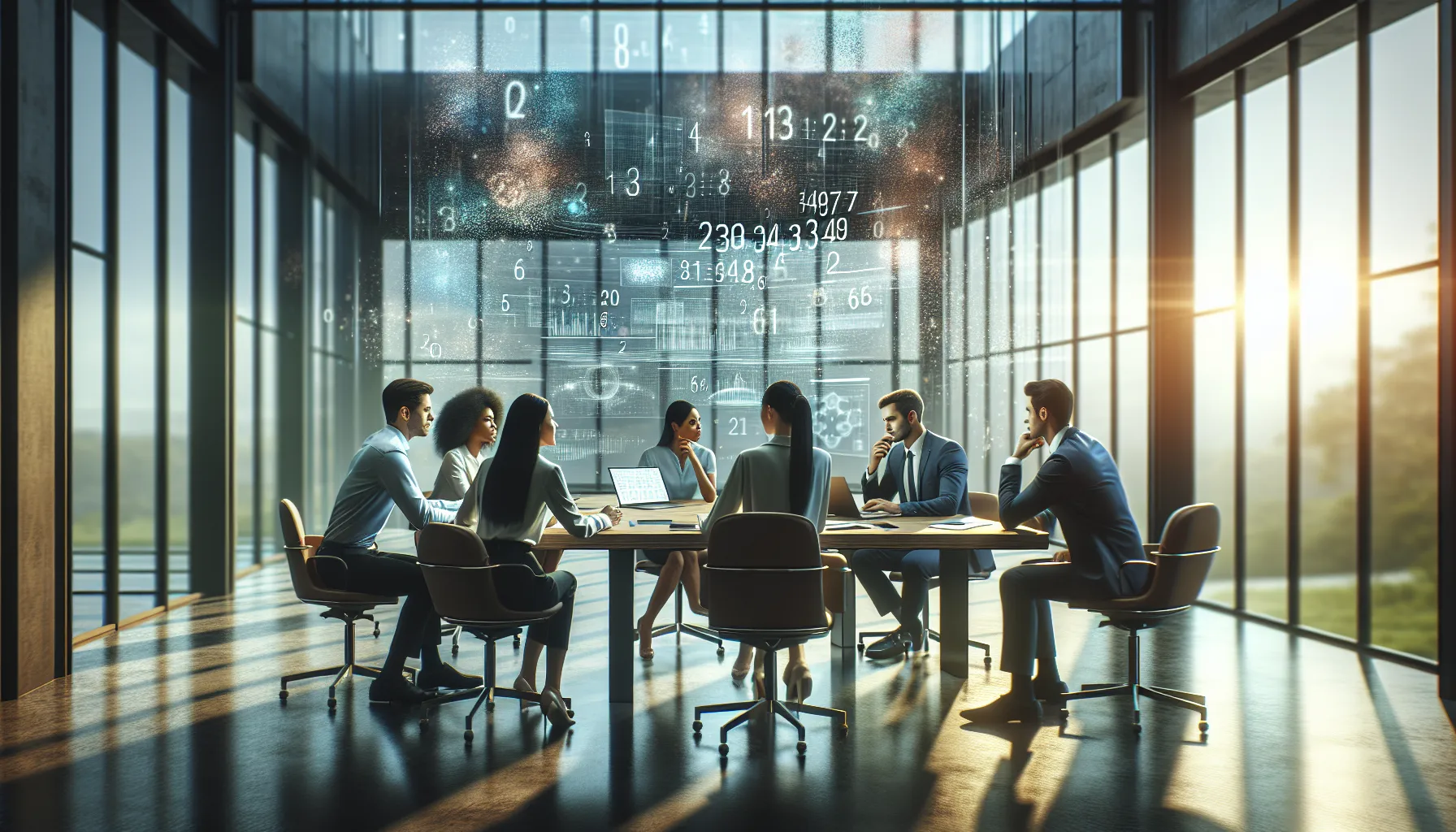 diverse team discussing digital data management in a modern office.