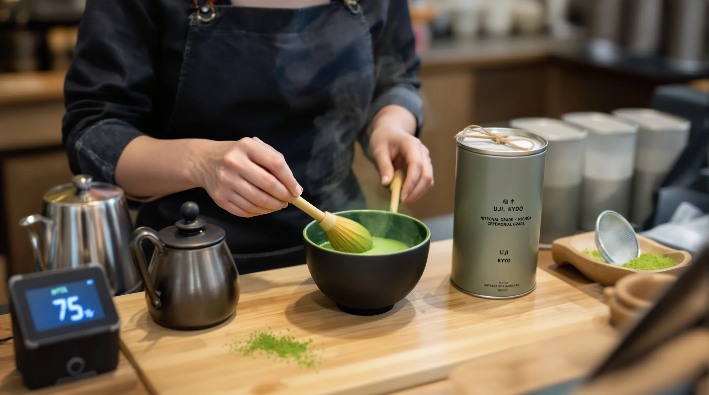 Irish barista whisking vivid matcha latte beside sealed Japanese tea tins.