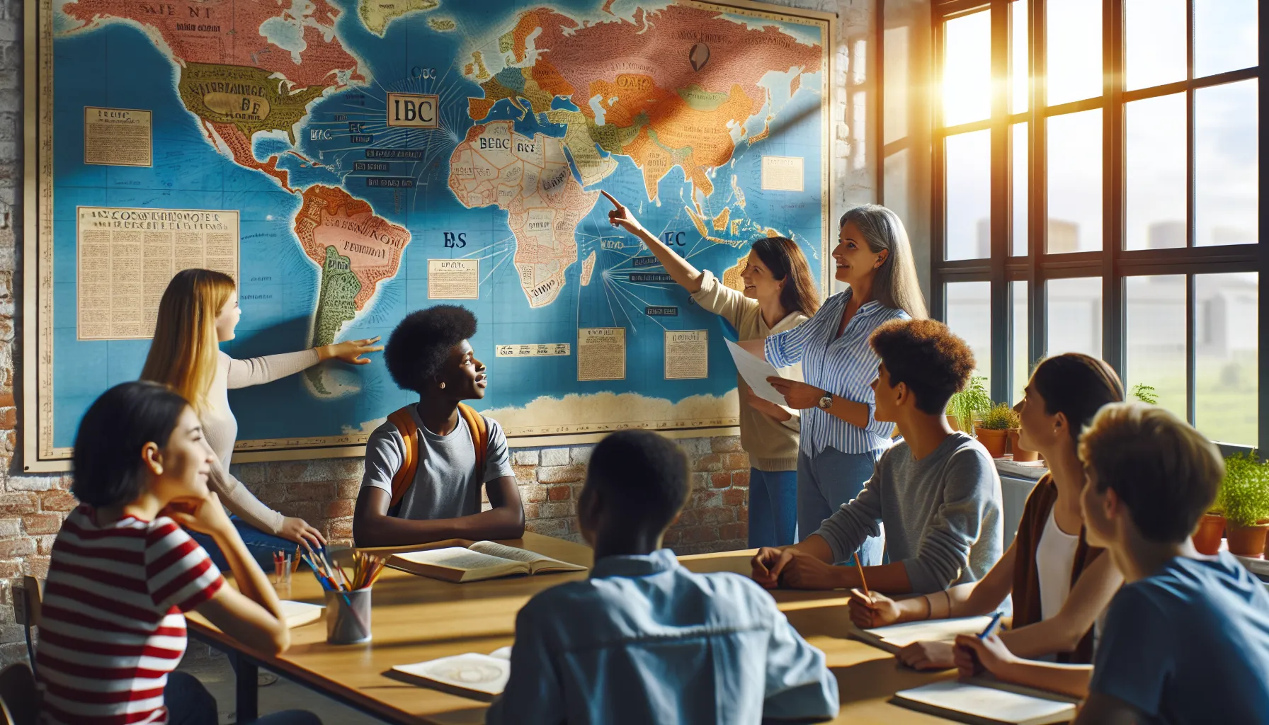 Students in a classroom discussing historical timelines with BC and CE markers.