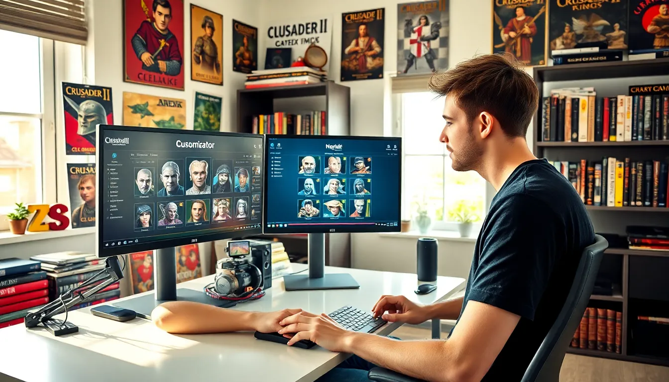 a young man using Ck2generator for character creation in a gaming setup.