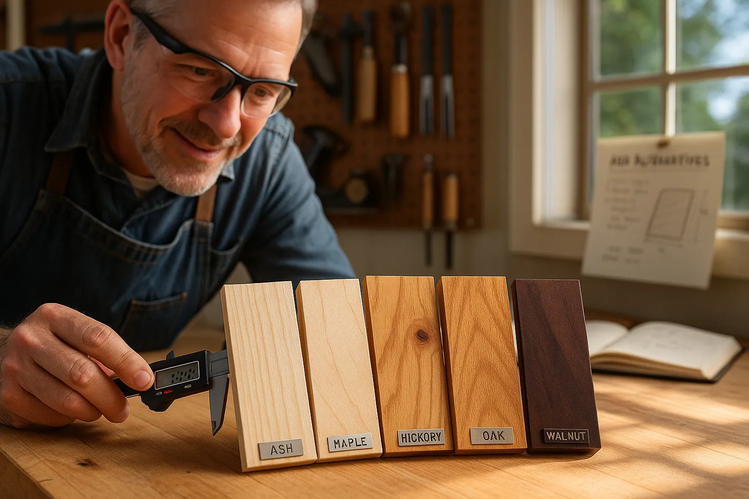 woodworker comparing labeled wood samples (ash, maple, hickory, oak, walnut) on bench