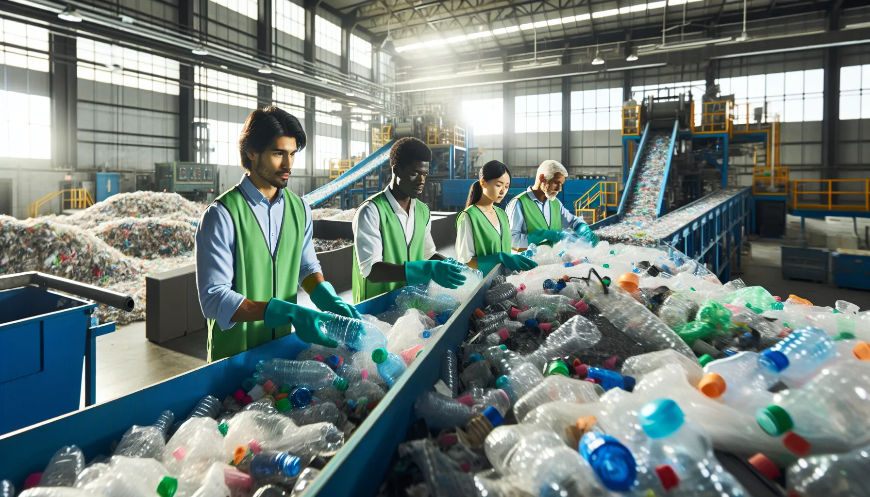 workers sorting recycled plastics in a modern recycling facility.