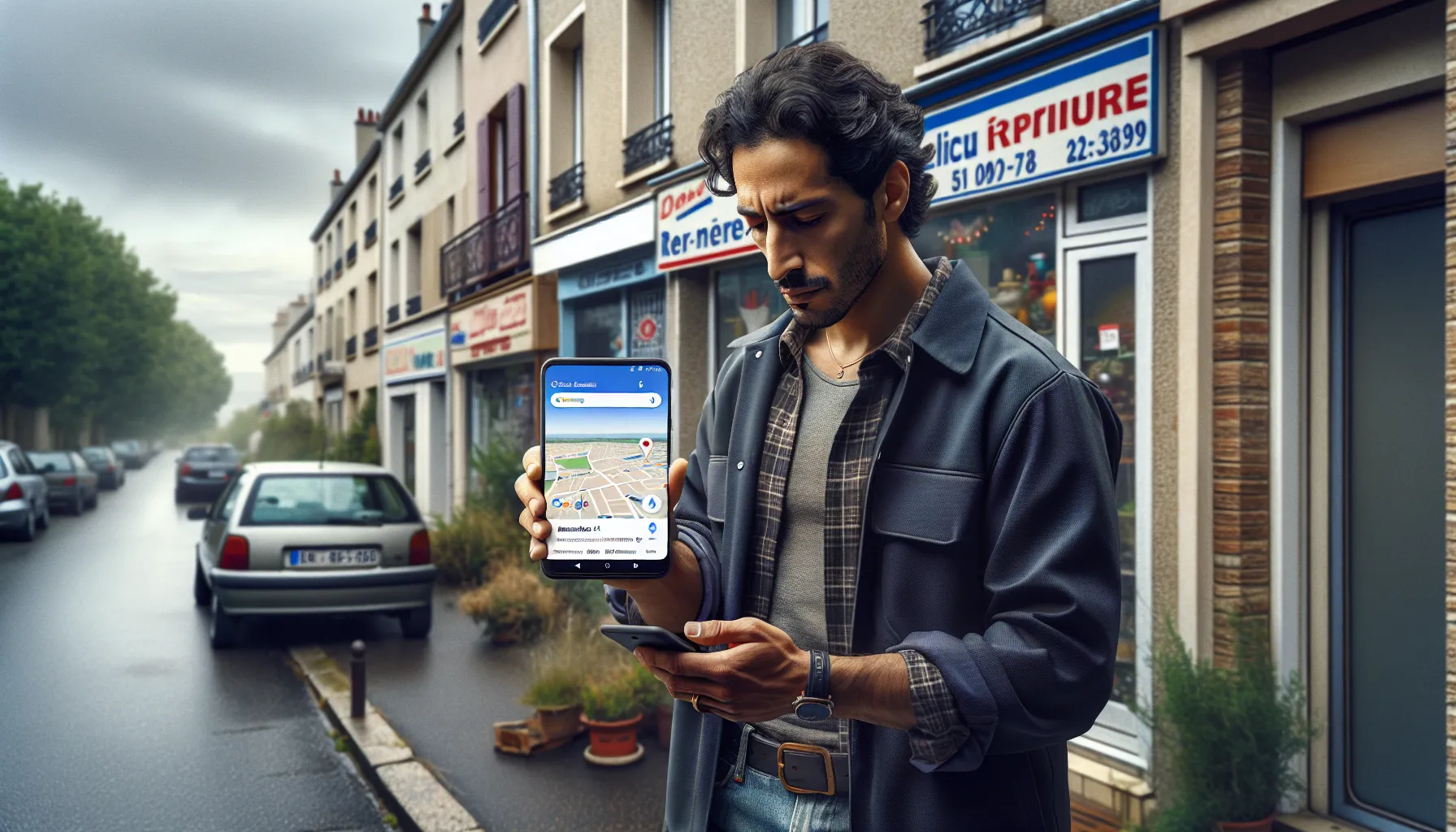 Small business owner in Montfermeil checking his local visibility on Google Maps.