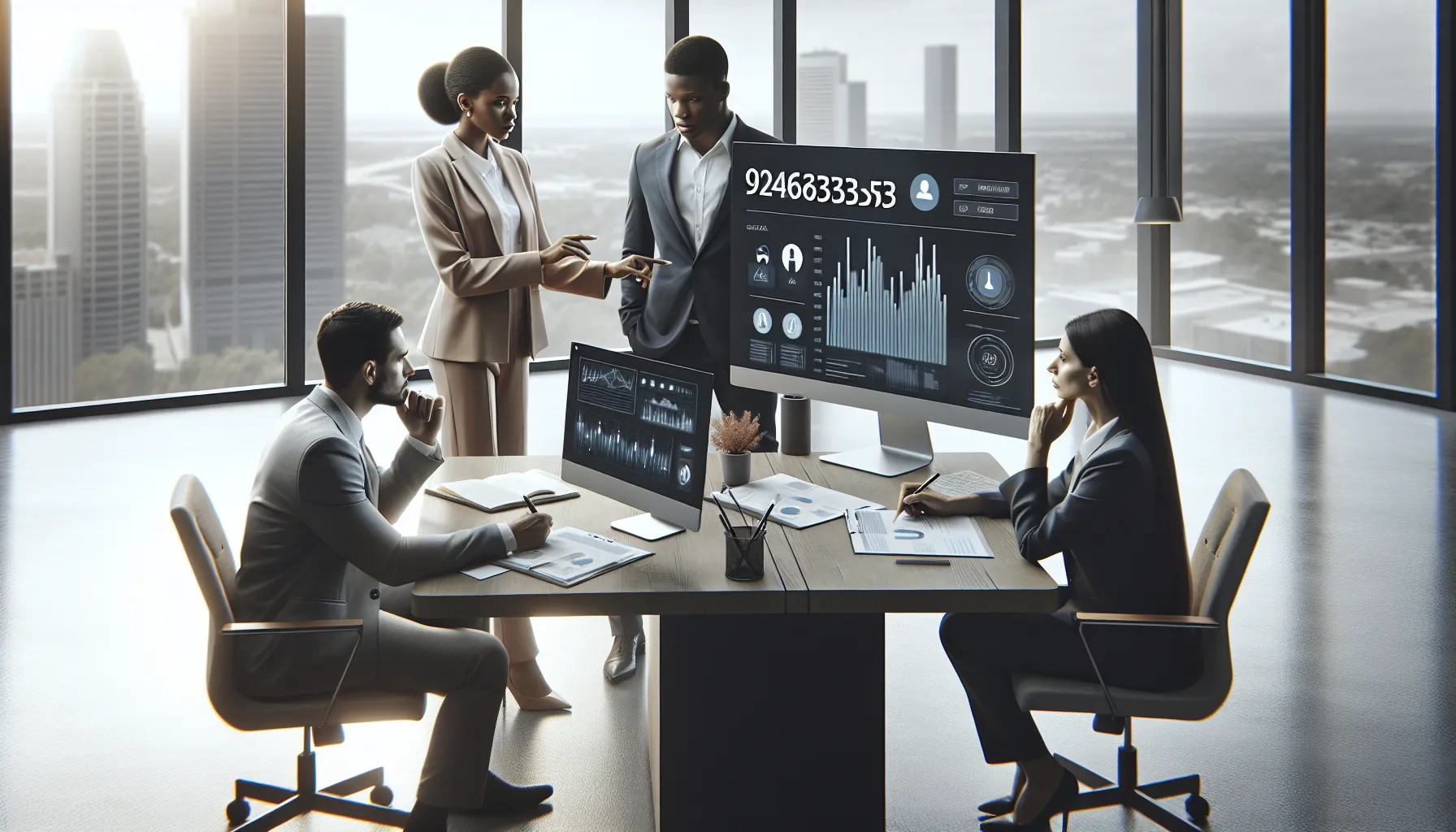 diverse team discussing phone call analytics in a modern office.