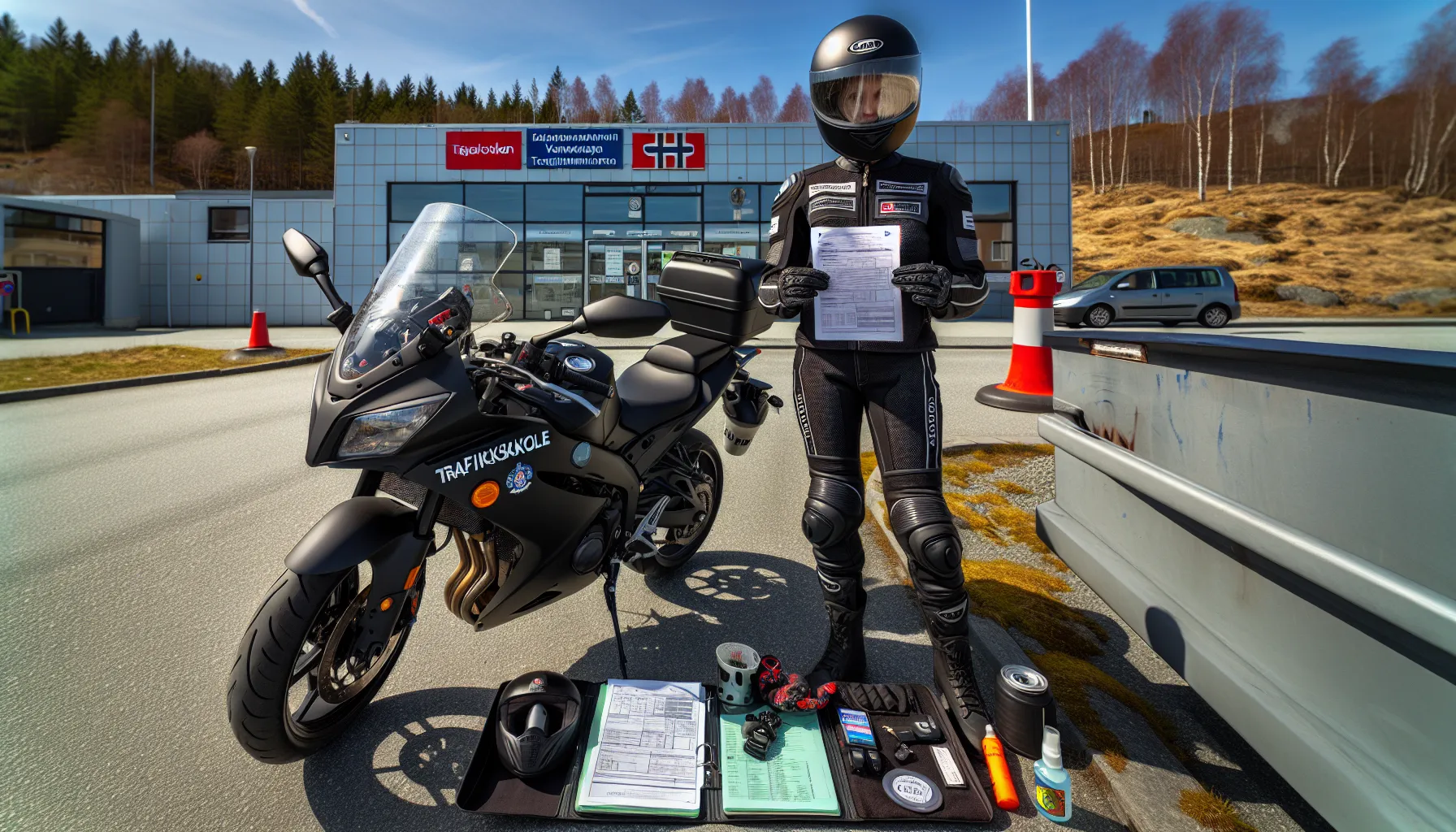 Motorcycle test candidate checks documents beside a school bike at norwegian test center.