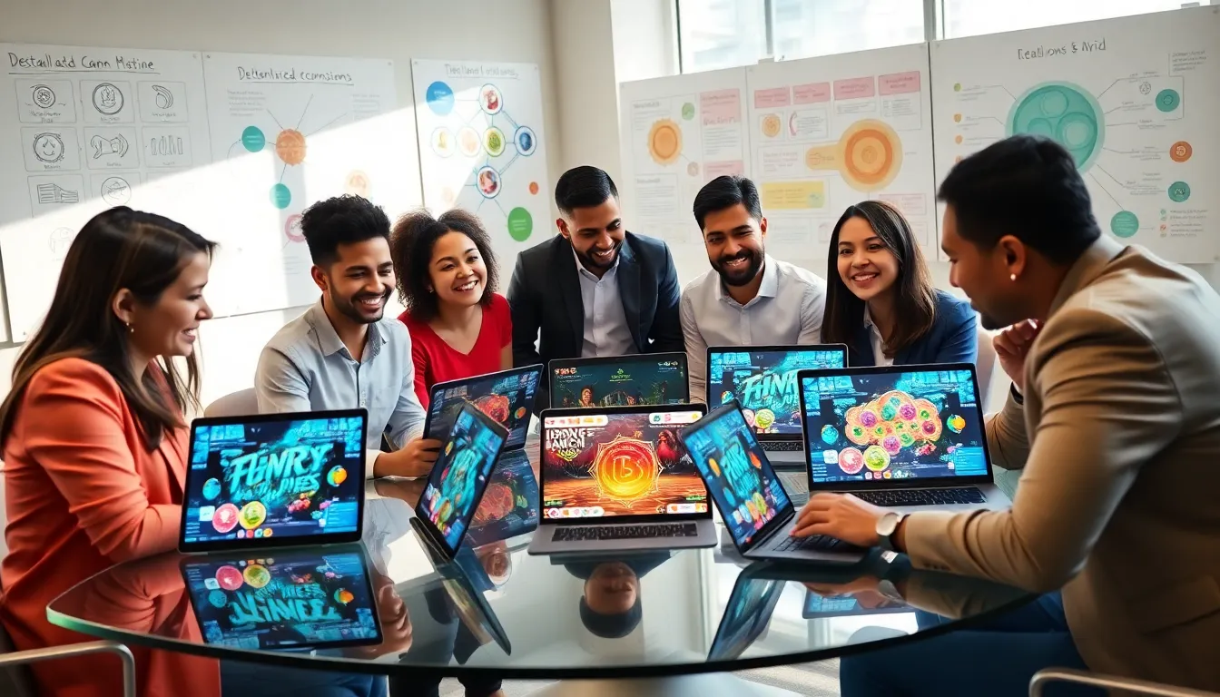 diverse team brainstorming P2E gaming ideas in a modern office.