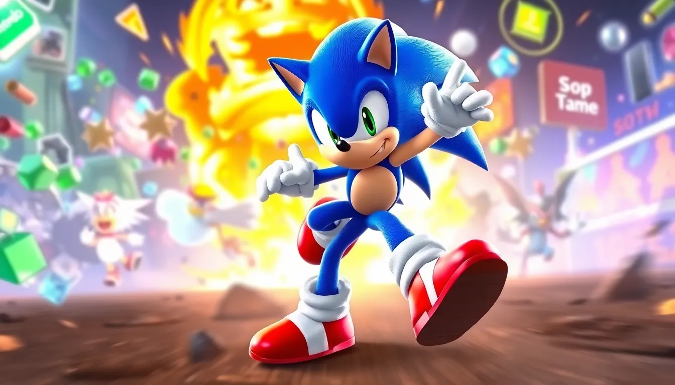 Sonic the Hedgehog in a vibrant Super Smash Bros. scene.