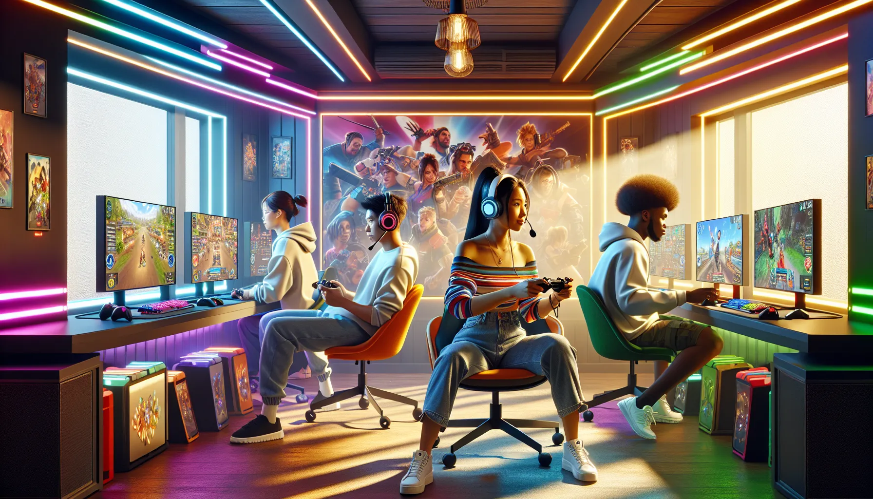 diverse gamers enjoying popular games in a modern gaming setup.