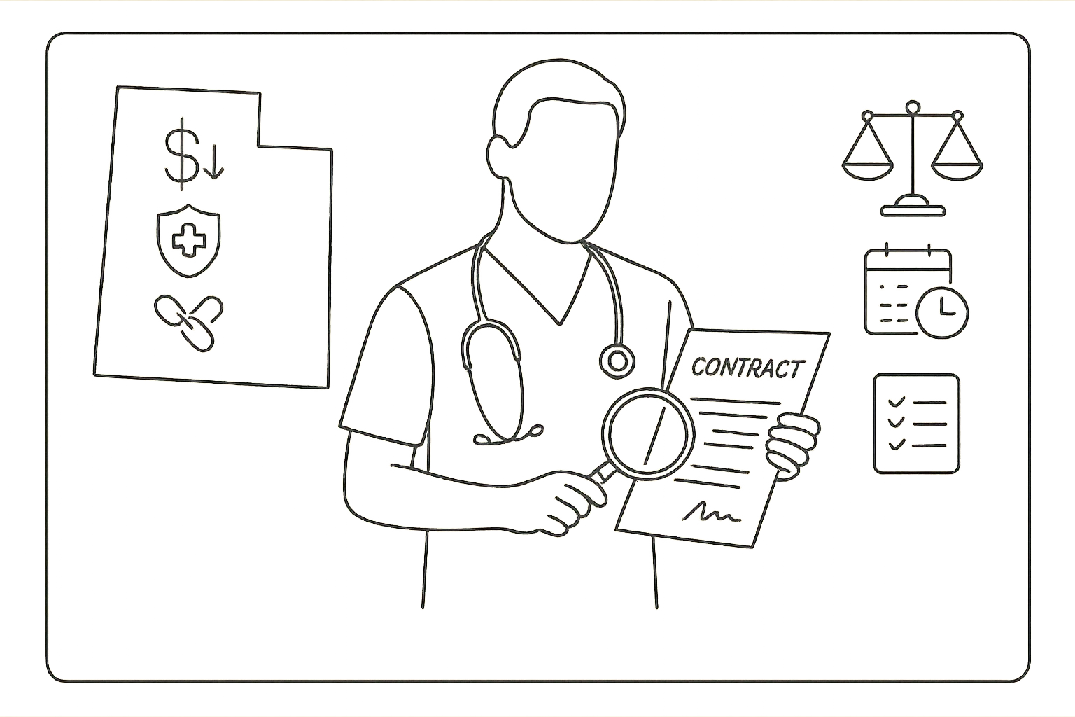 A PA examining a contract with Utah outline and legal, money, and shield icons of Utah Physician Assistant Contract Review.