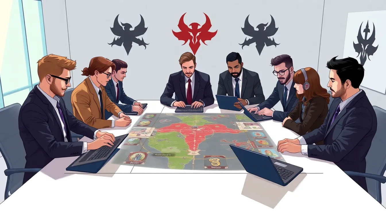diverse gamers strategizing around a modern conference table.