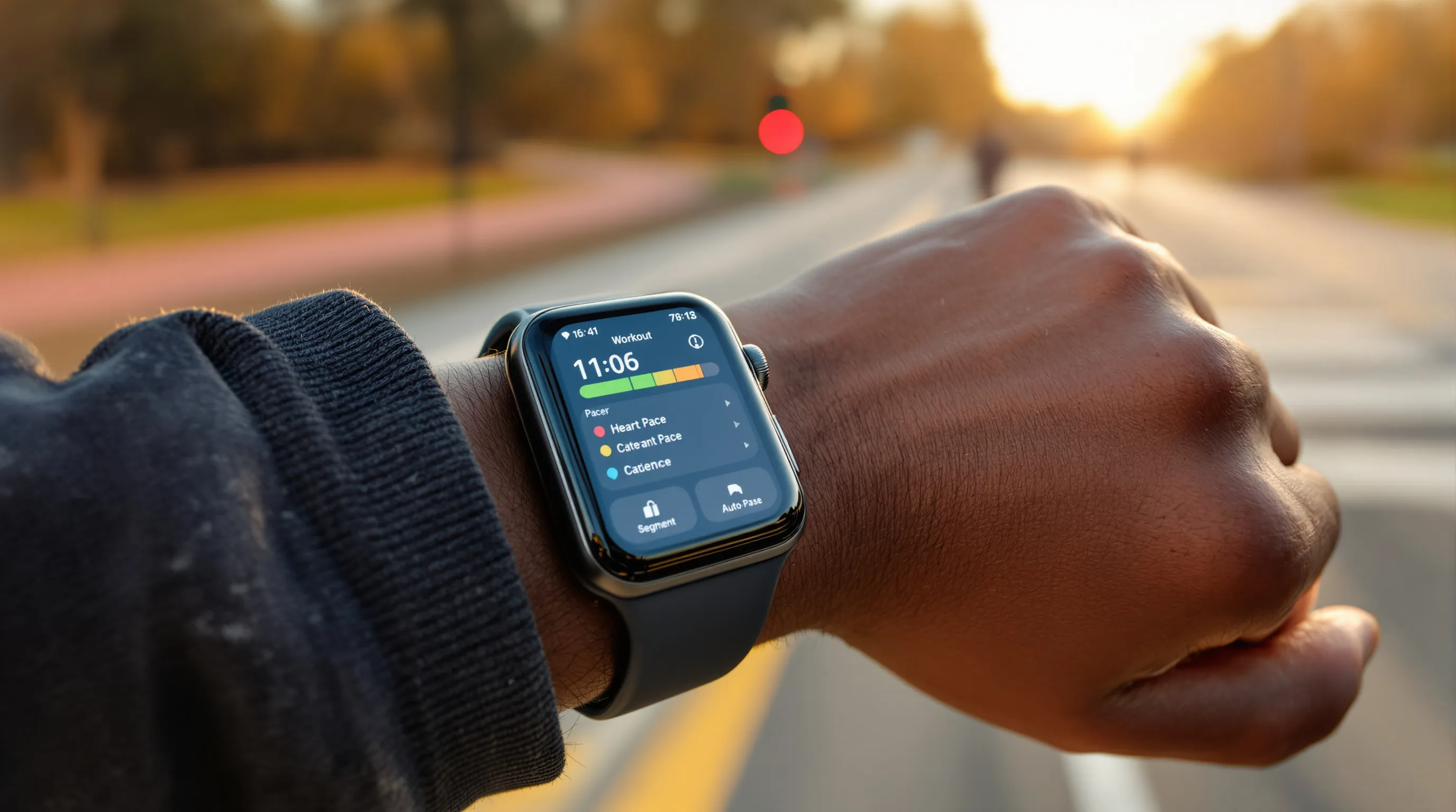 Runner checks Apple Watch Workout app with custom metrics at a park.