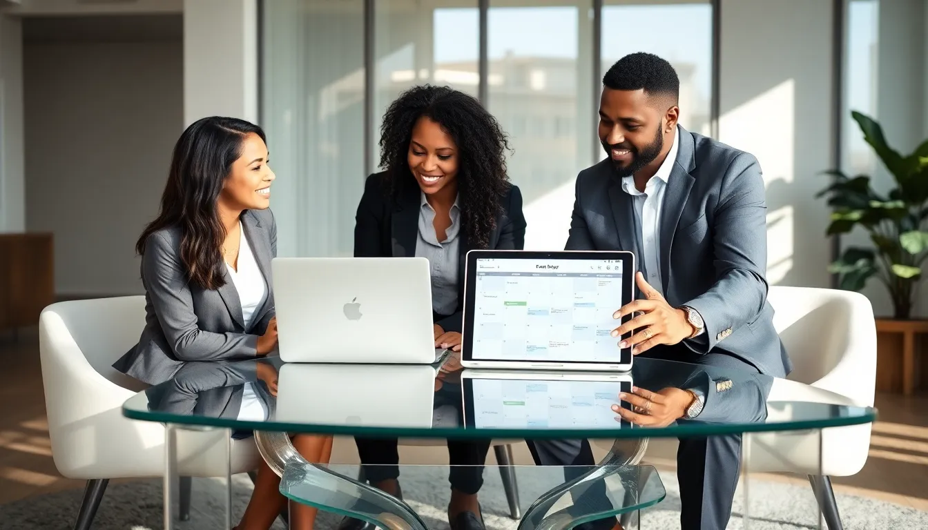 two co-parents discussing a family calendar in a modern office.