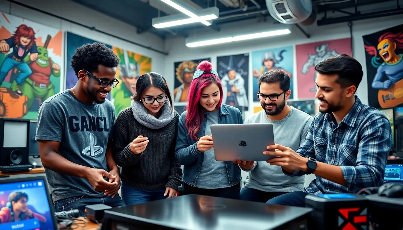 a diverse team collaborating on a PlayStation game in a modern studio.
