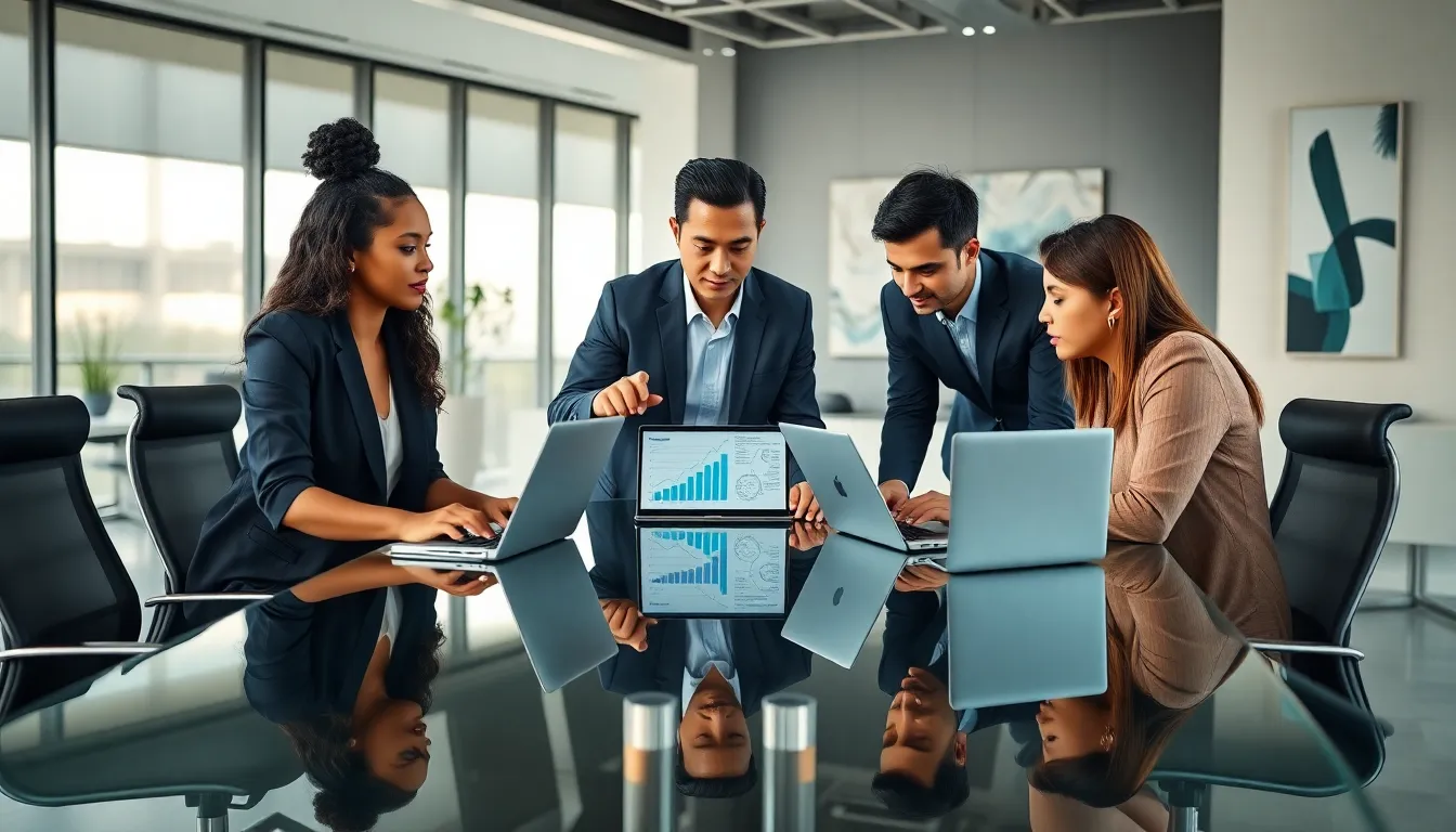 diverse professionals collaborating in a modern office on data analysis.