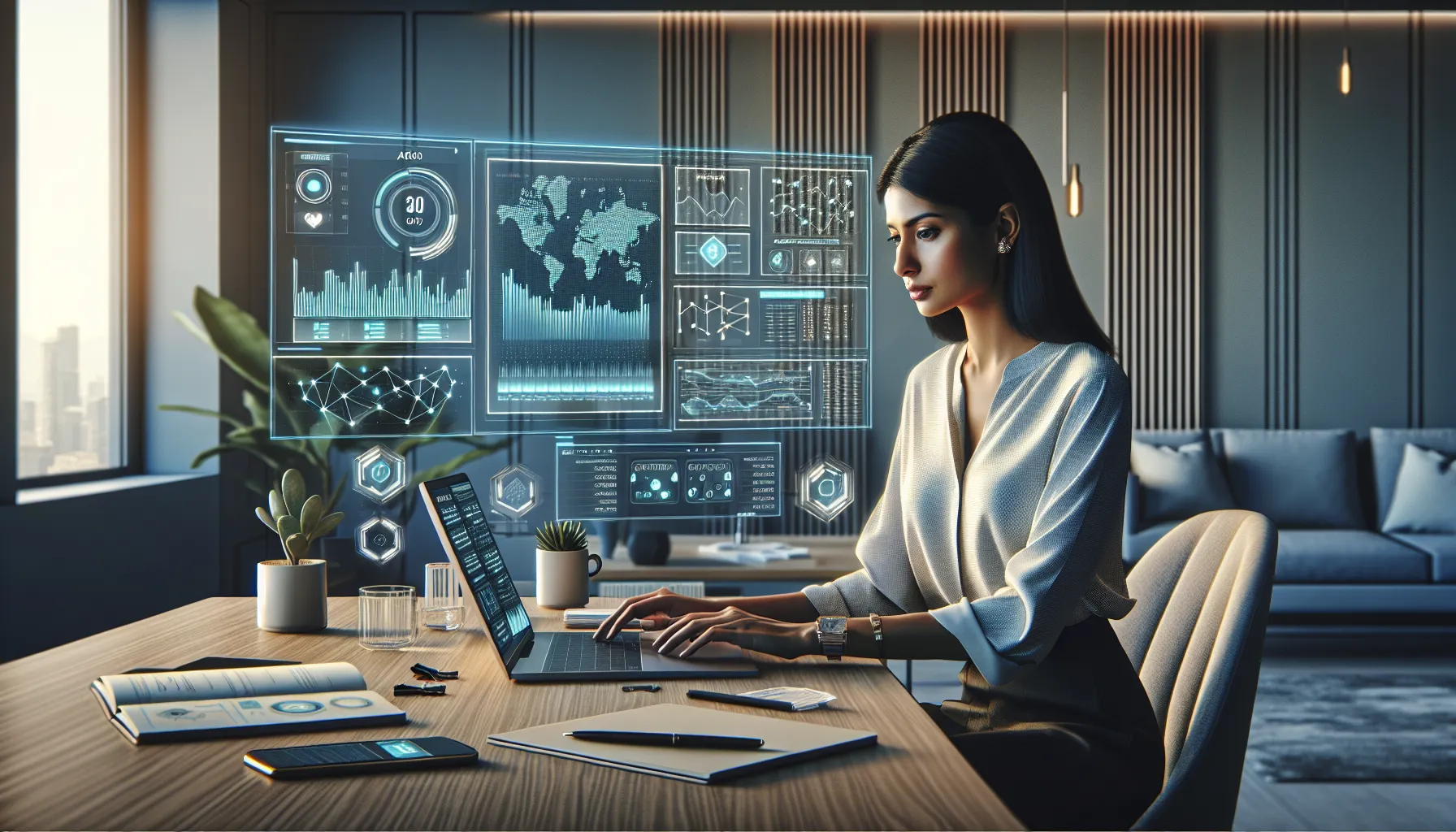 Professional trader using automated trading bot dashboard on laptop in modern office.