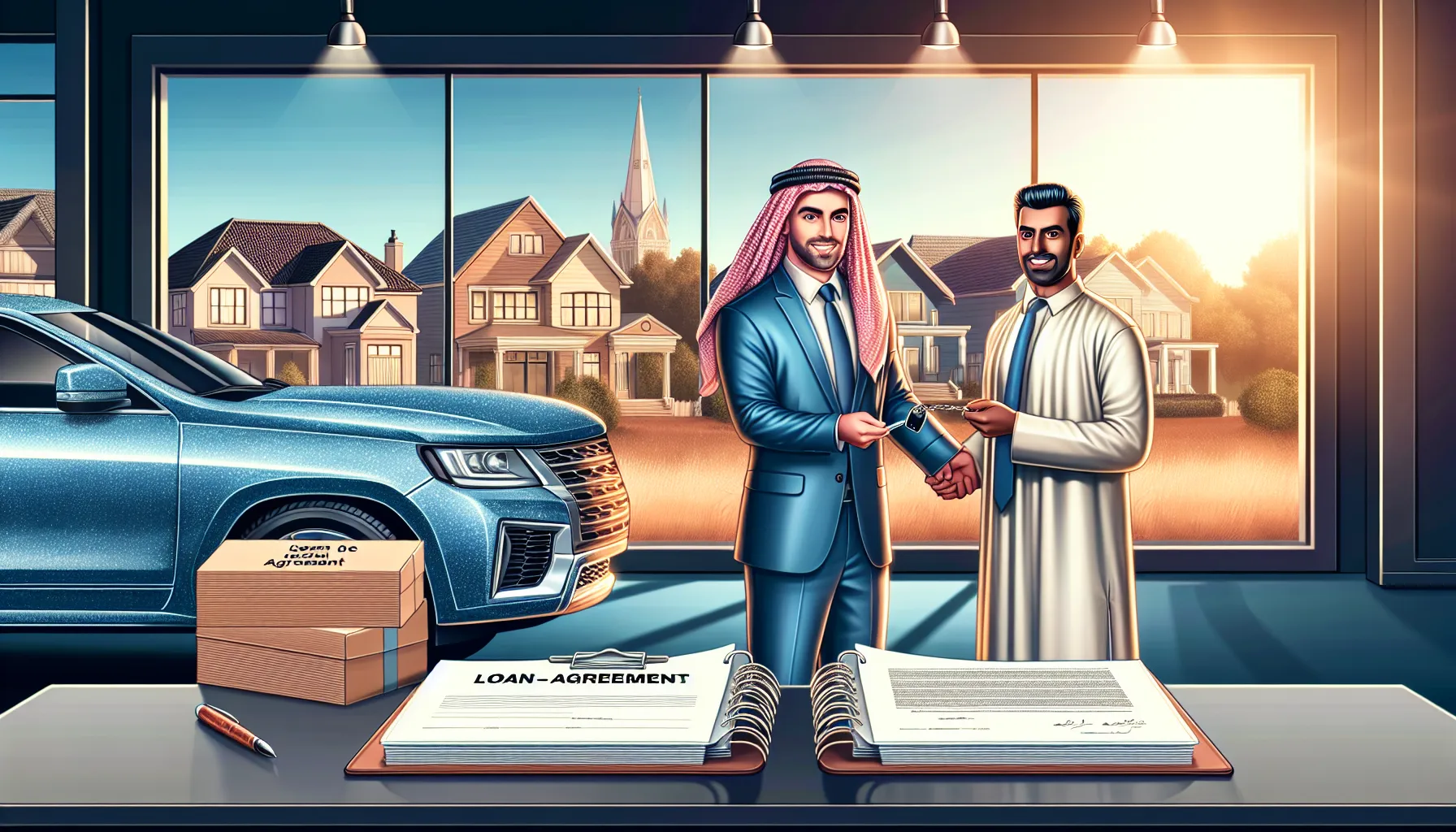 A banker hands car keys to a client symbolizing a successful secured loan.