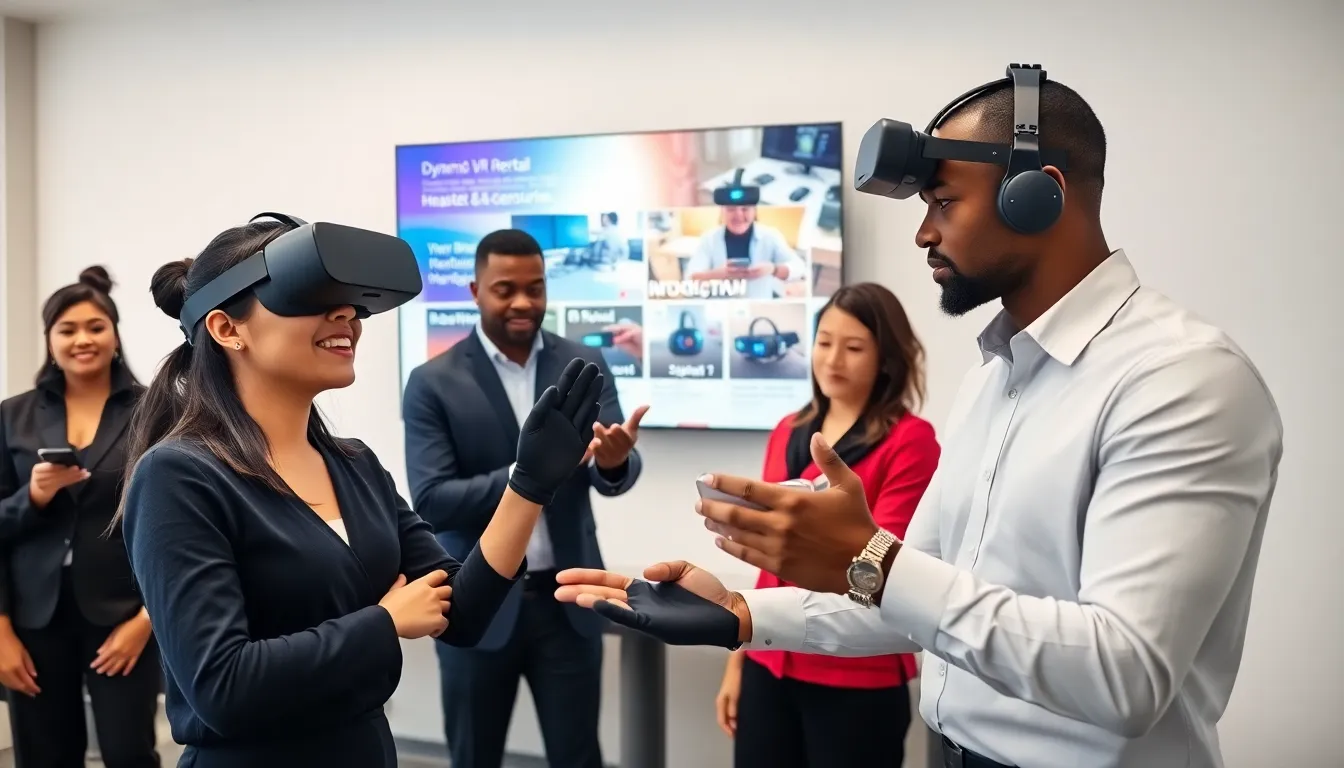 diverse professionals engaging in a virtual reality rental demonstration.