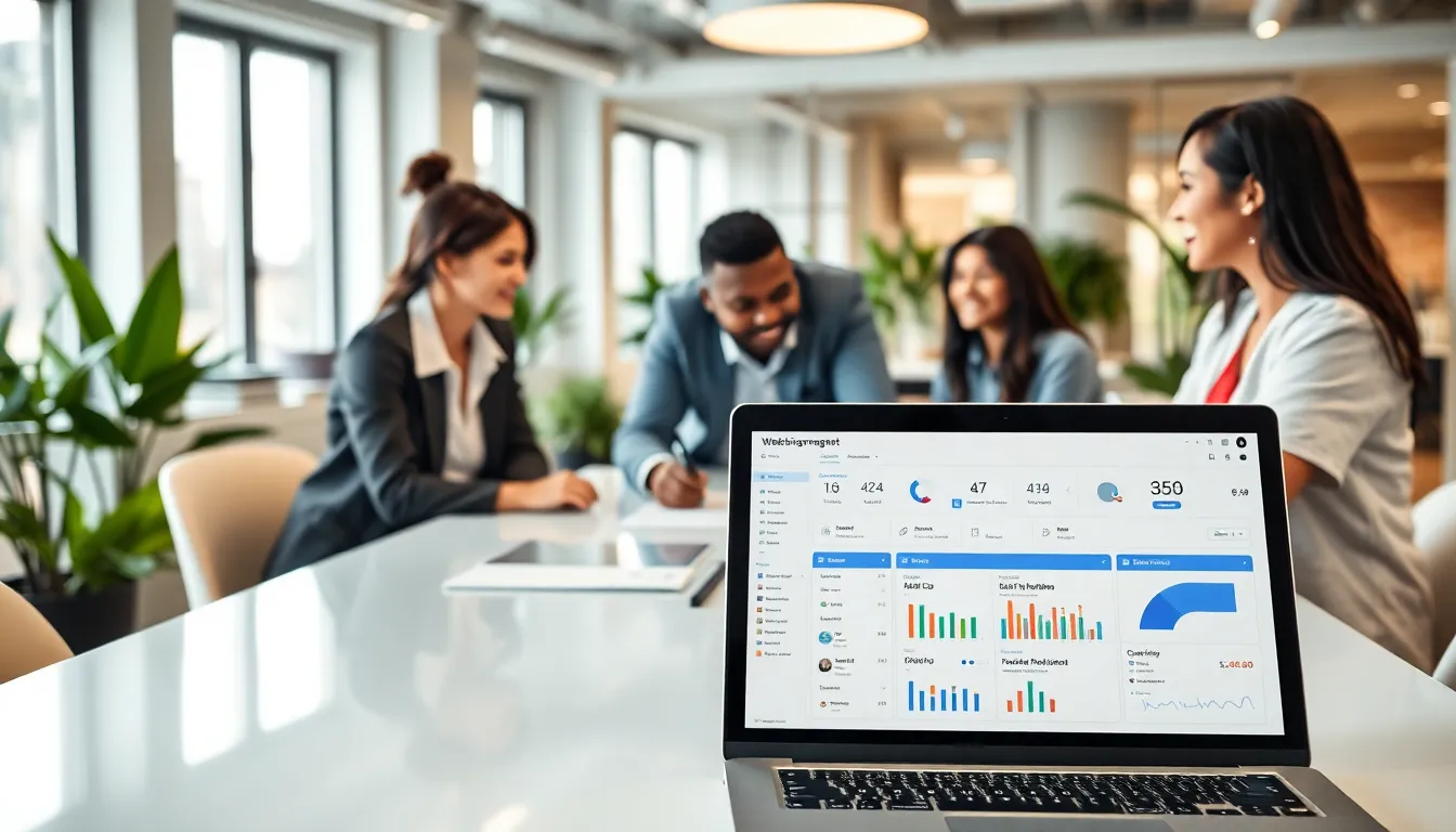 diverse team collaborating in a modern office over digital business tools.