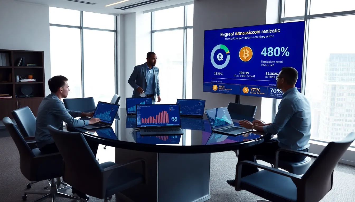 diverse professionals discussing cryptocurrency in a modern office.