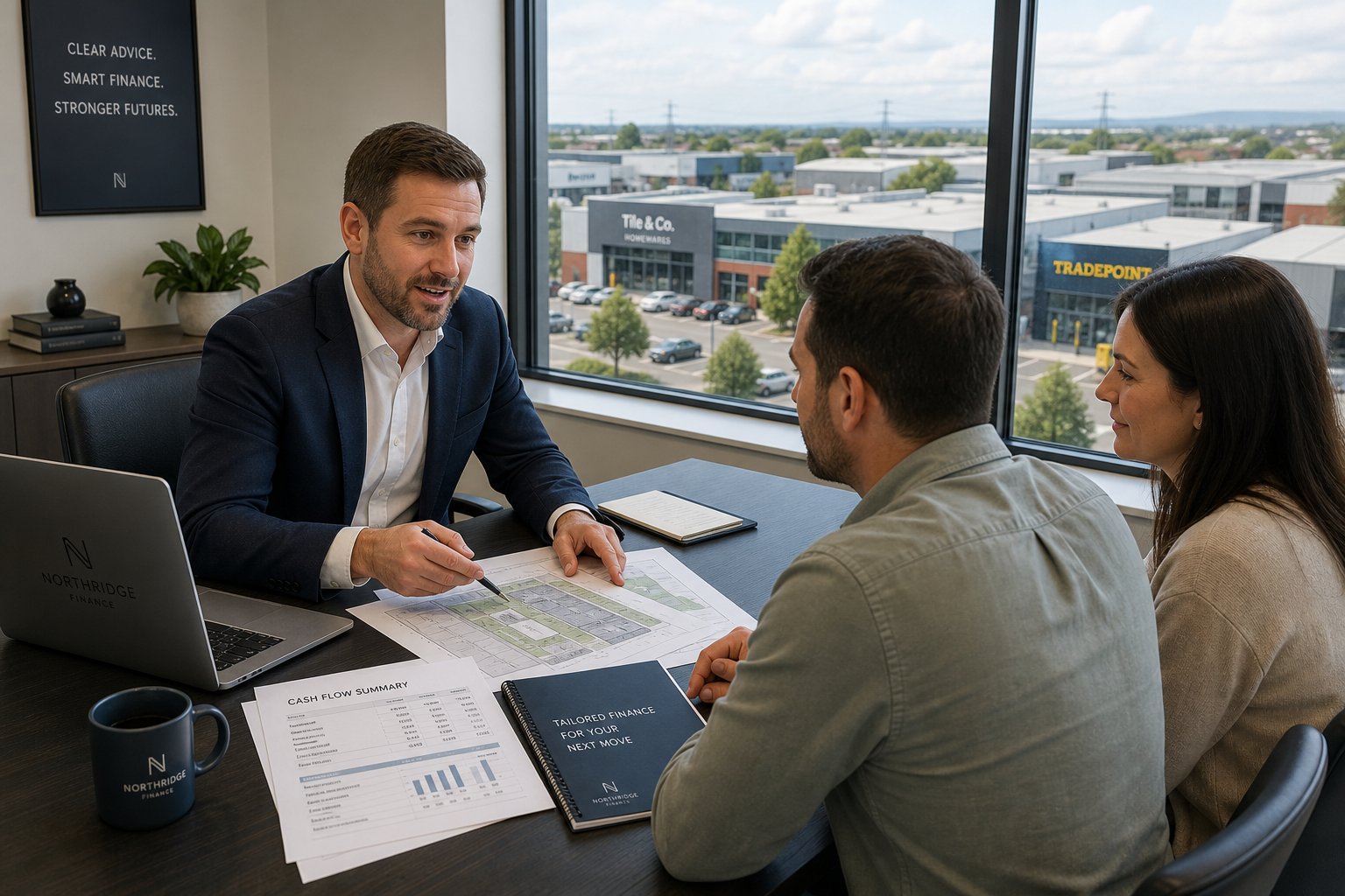 Mortgage adviser reviewing property plans and finance documents with clients in a modern office.
