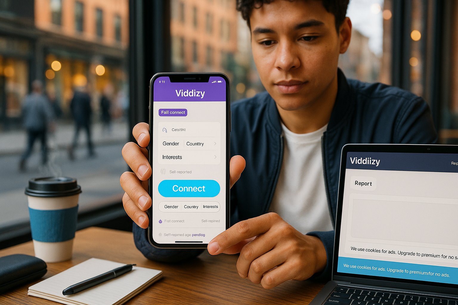 Person in café using Viddizy app on smartphone showing connect button and filters.