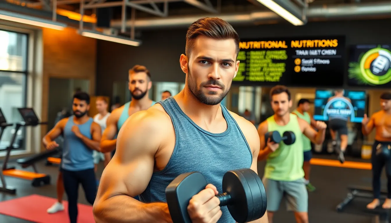 diverse men exercising in a modern gym promoting wellness.
