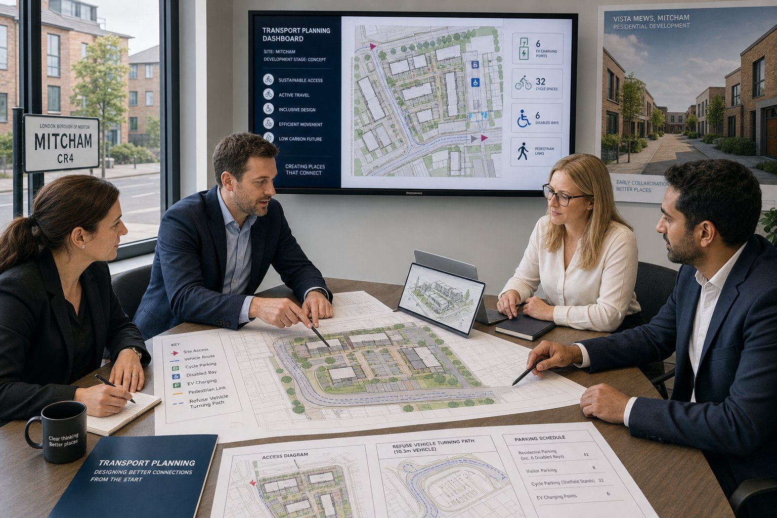 Traffic engineer and planning team reviewing a development layout in a modern office.