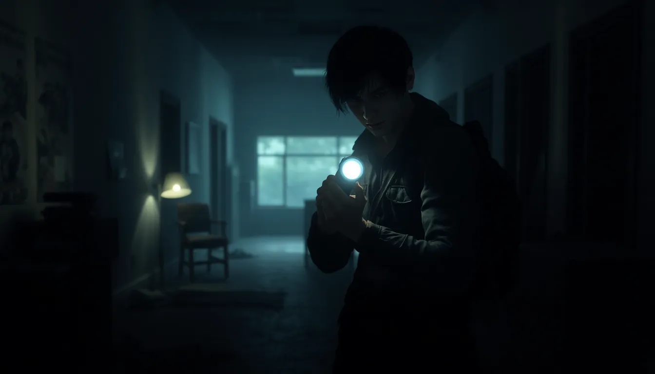 survivor navigating a dark, eerie corridor in a horror game.
