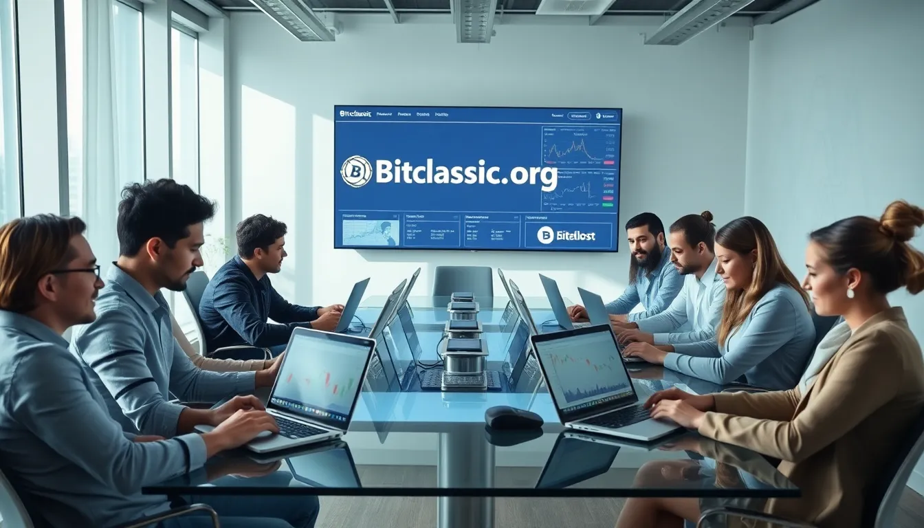 diverse professionals trading cryptocurrency in a modern office.