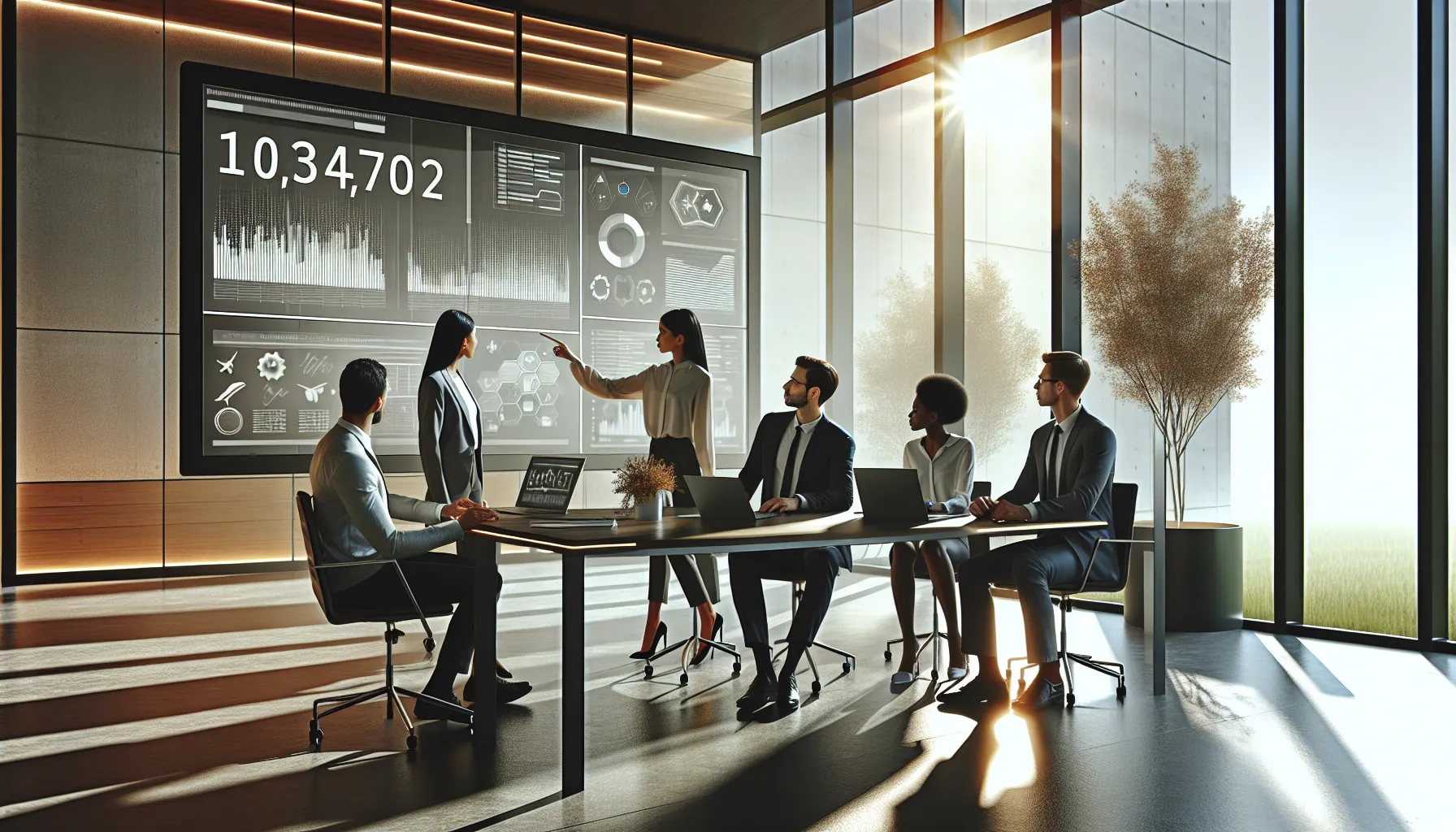 diverse team discussing data analytics in a modern office.