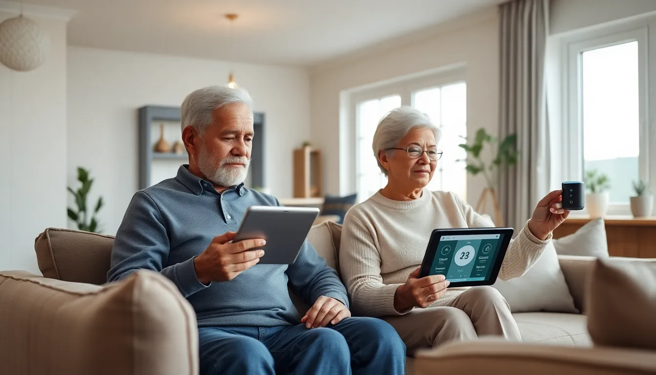 elderly couple using smart home devices in a modern living room.