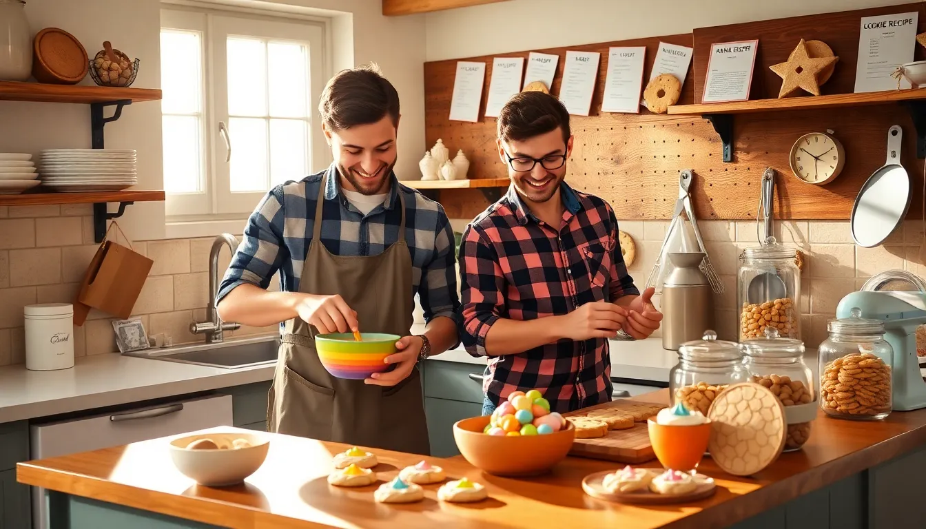 two bakers preparing cookies in a cozy kitchen.
