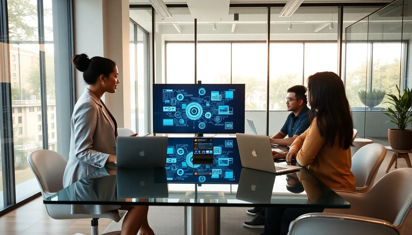 diverse professionals discussing technology in a modern office.