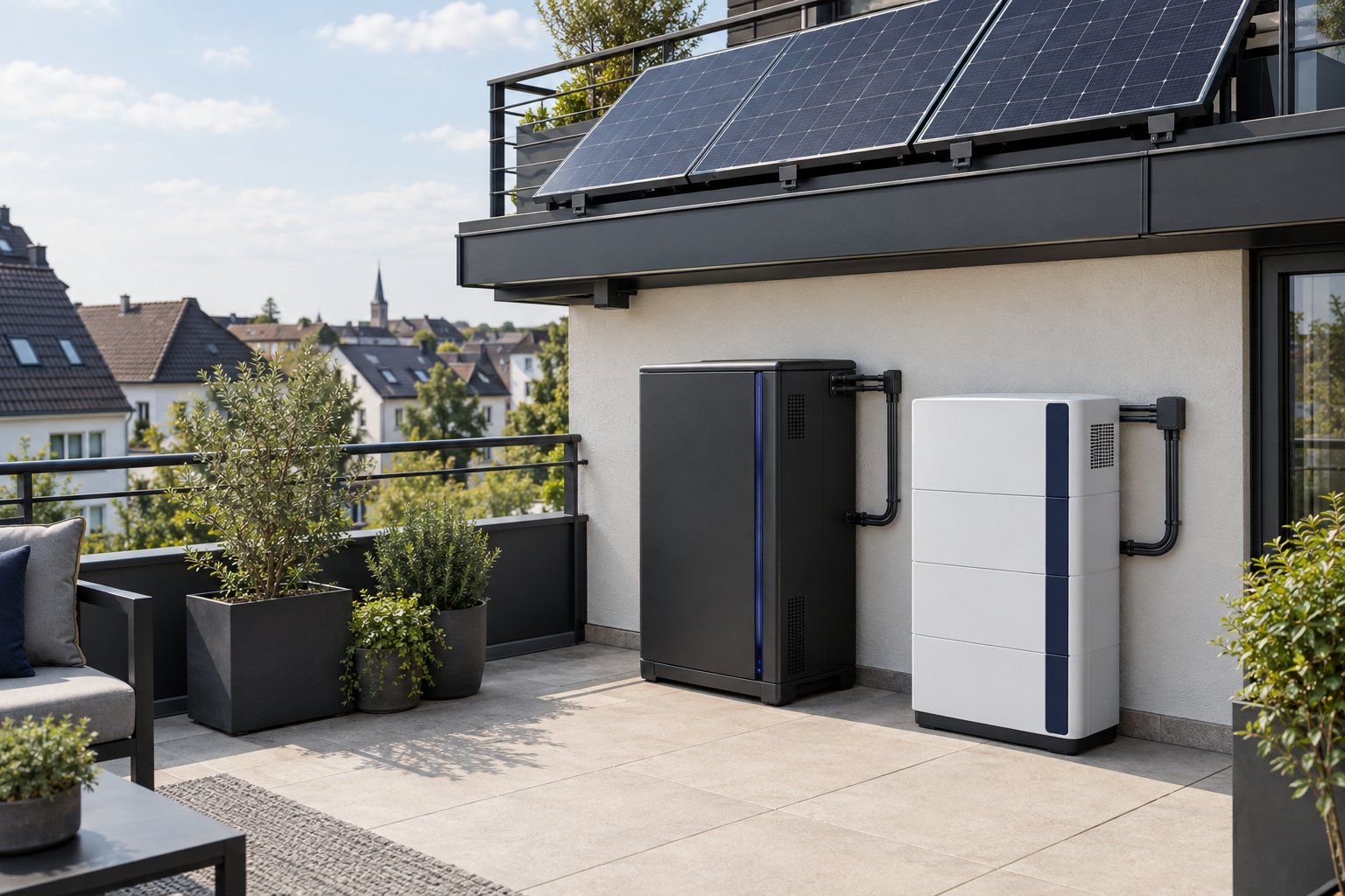 Zwei Batteriespeicher neben Solarmodulen auf einer Terrasse