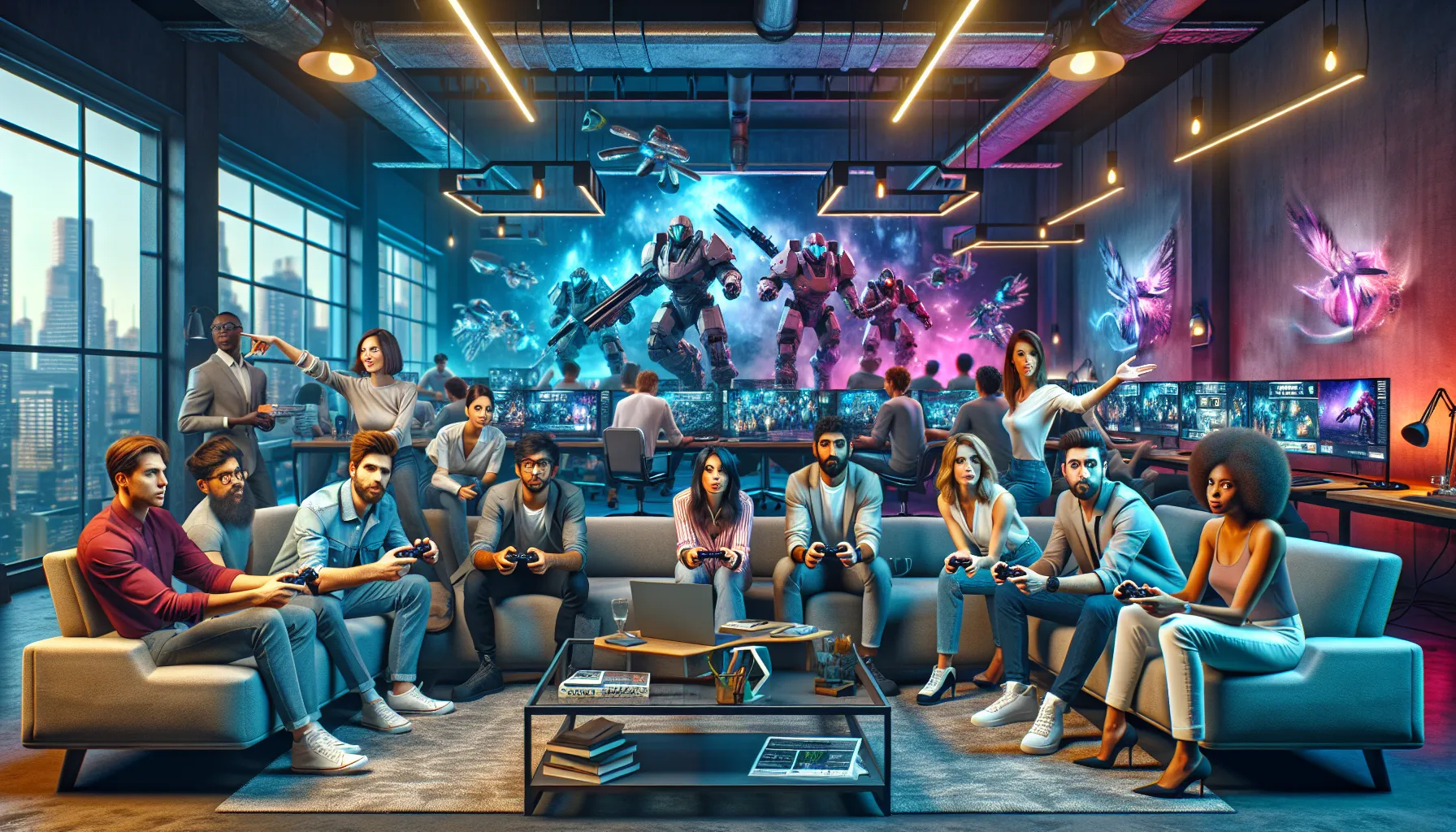 diverse gaming team discussing new game releases in a modern office.