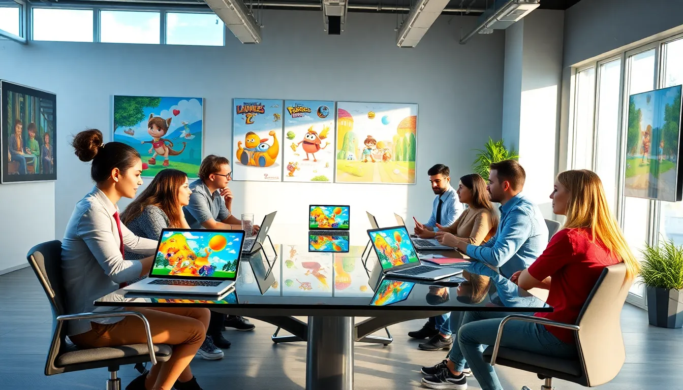 diverse team brainstorming game designs in a modern studio.
