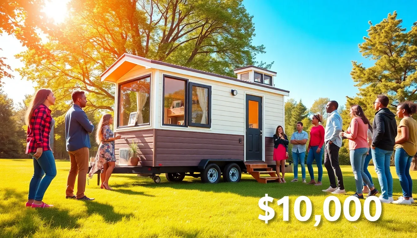 diverse people inspecting a tiny home on wheels in a green outdoor setting.