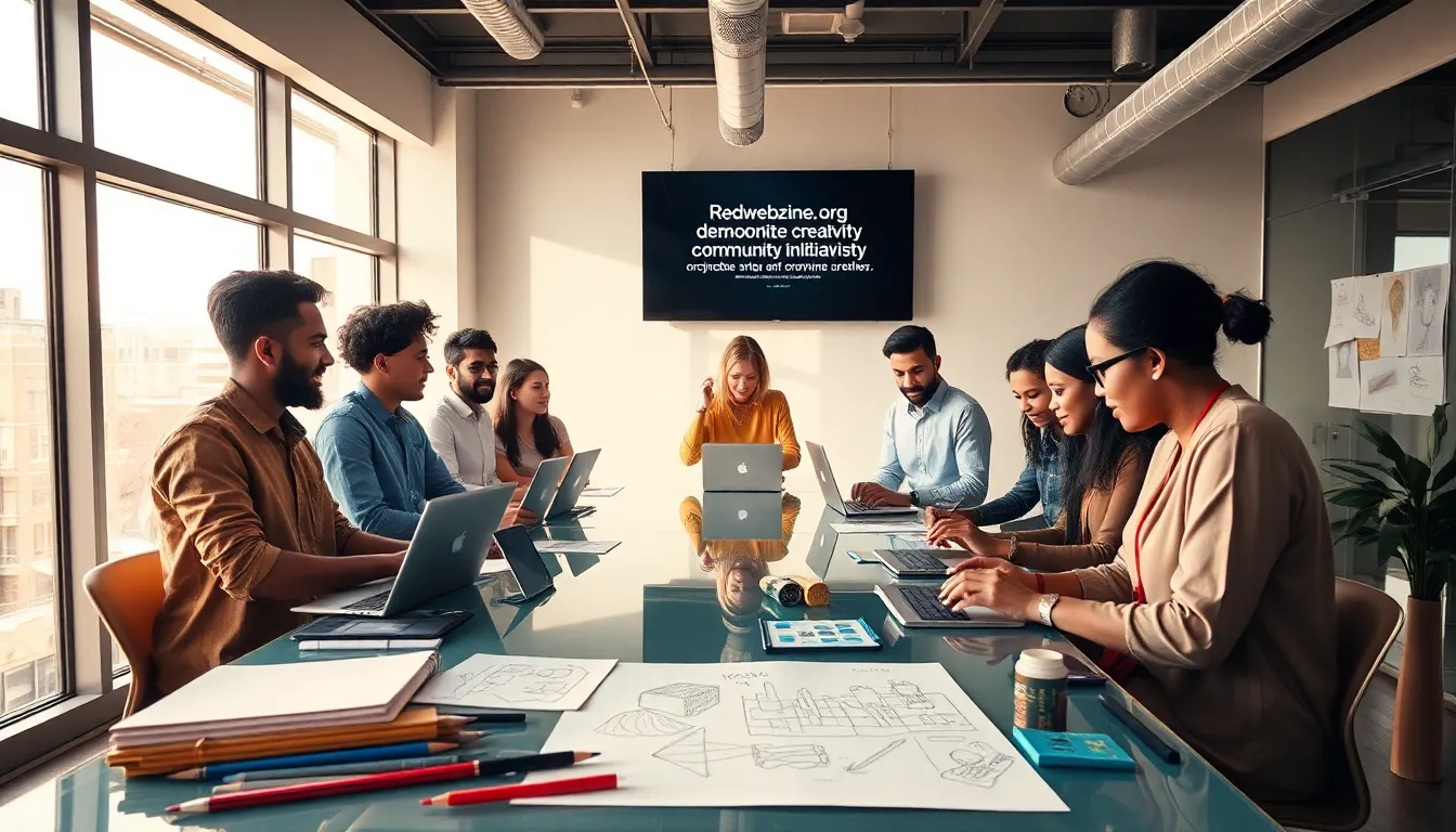diverse creatives collaborating in a modern workspace.