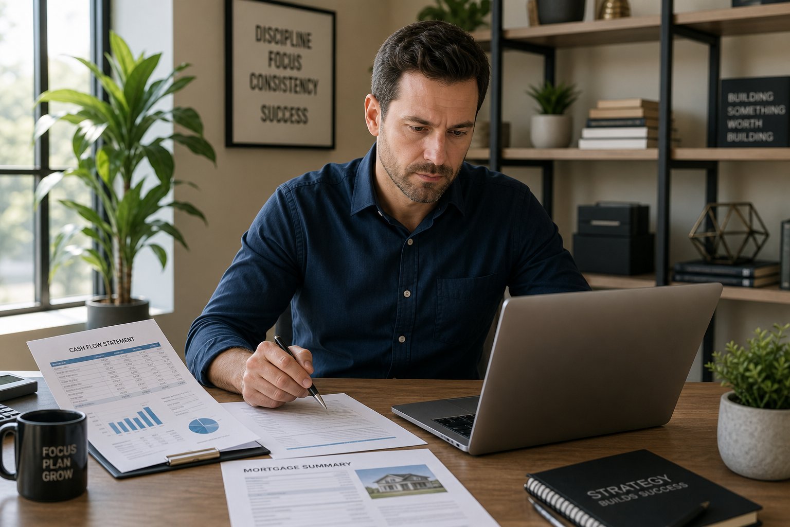 Business owner reviewing commercial mortgage paperwork on a laptop in a modern office.