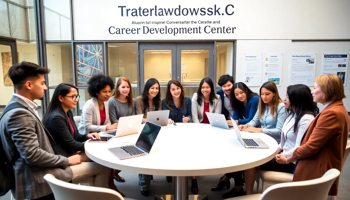 students collaborating in a modern career development center.