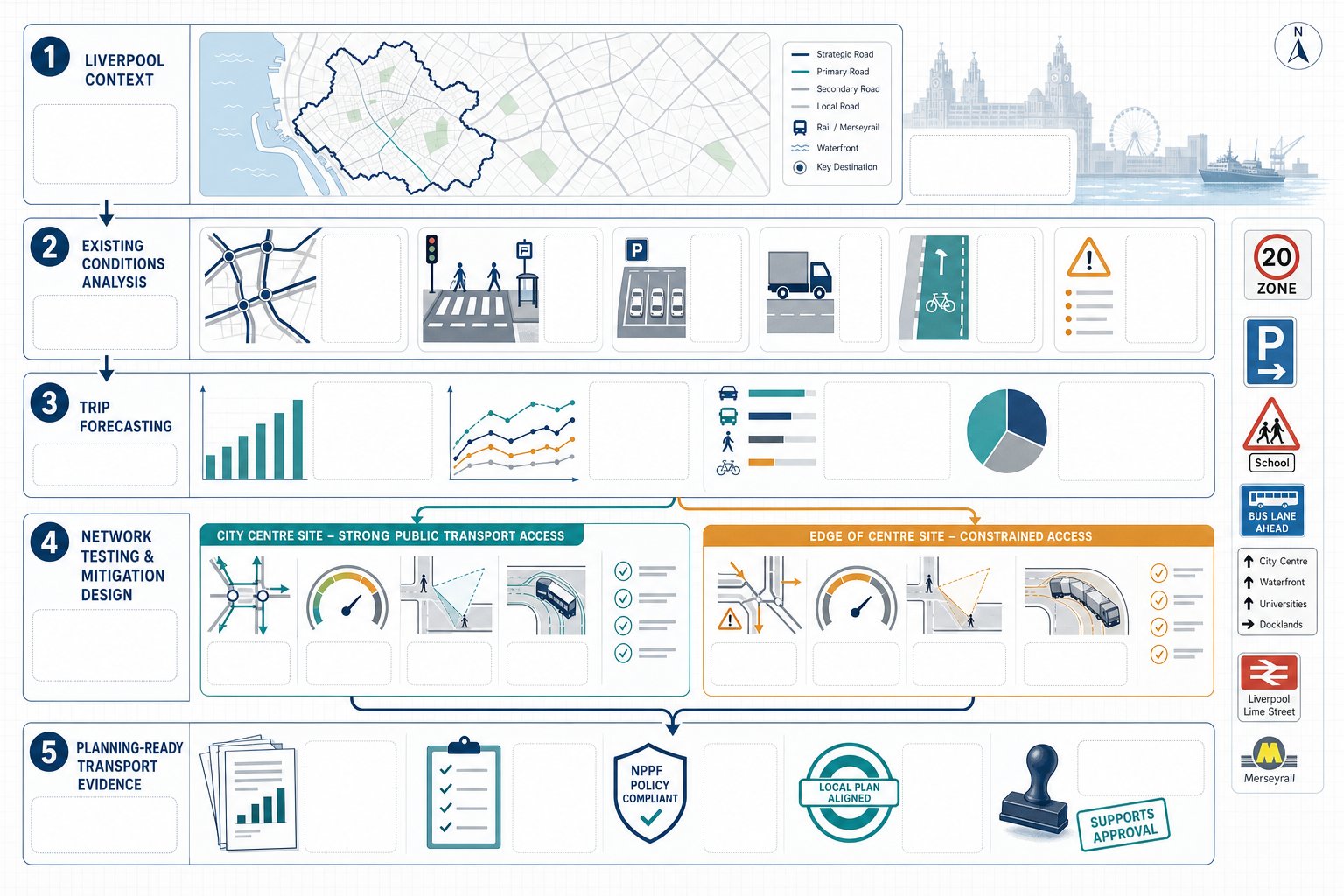 Infographic of traffic engineering steps for planning developments in Liverpool.