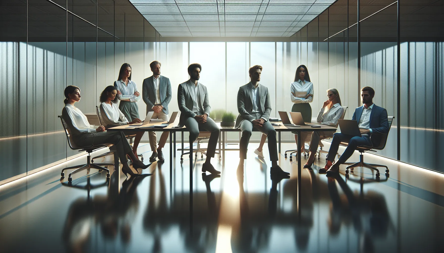professionals reflecting in a tranquil office setting, embracing moments of stillness.