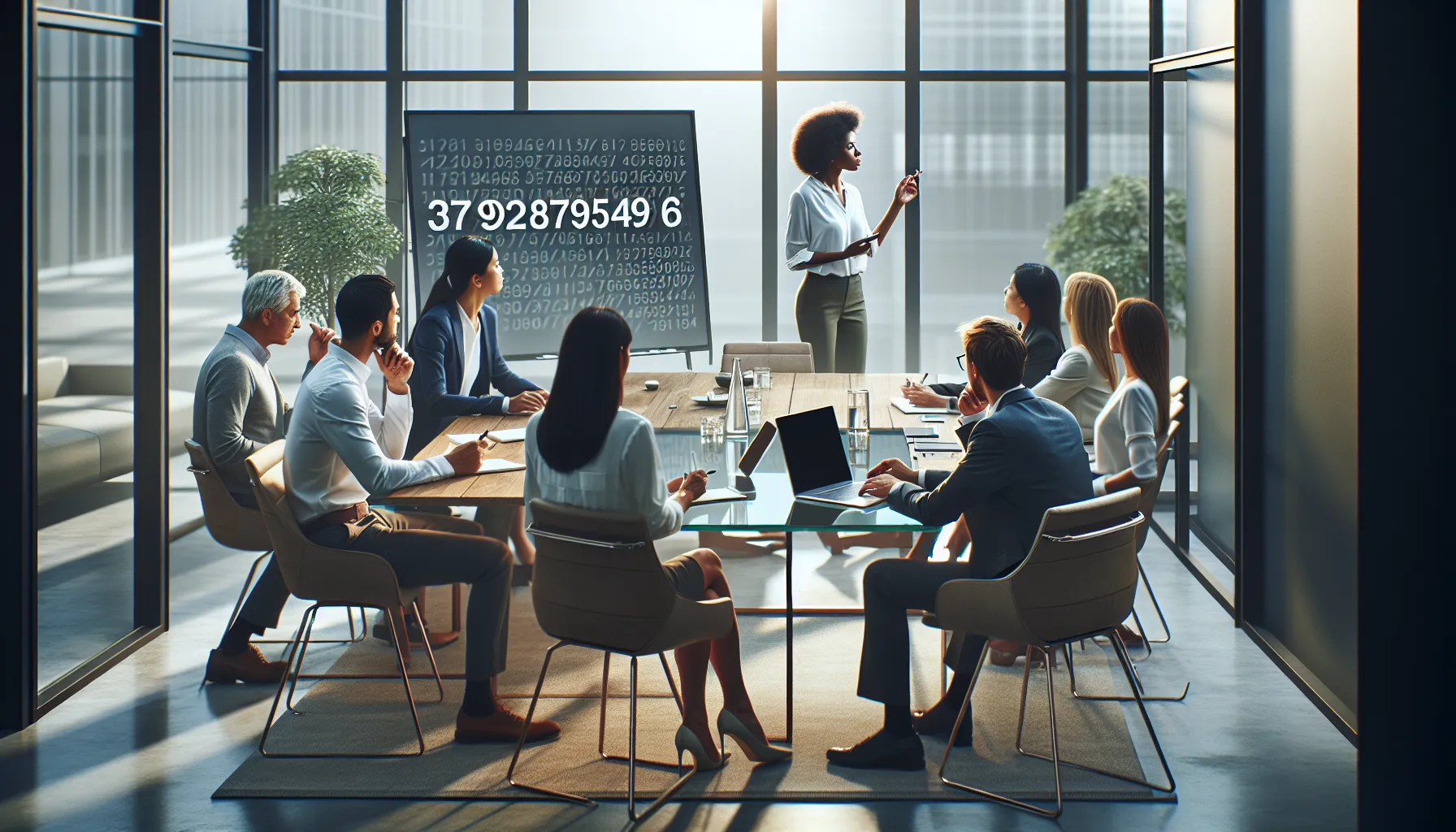 diverse professionals discussing the significance of a number in a modern office.