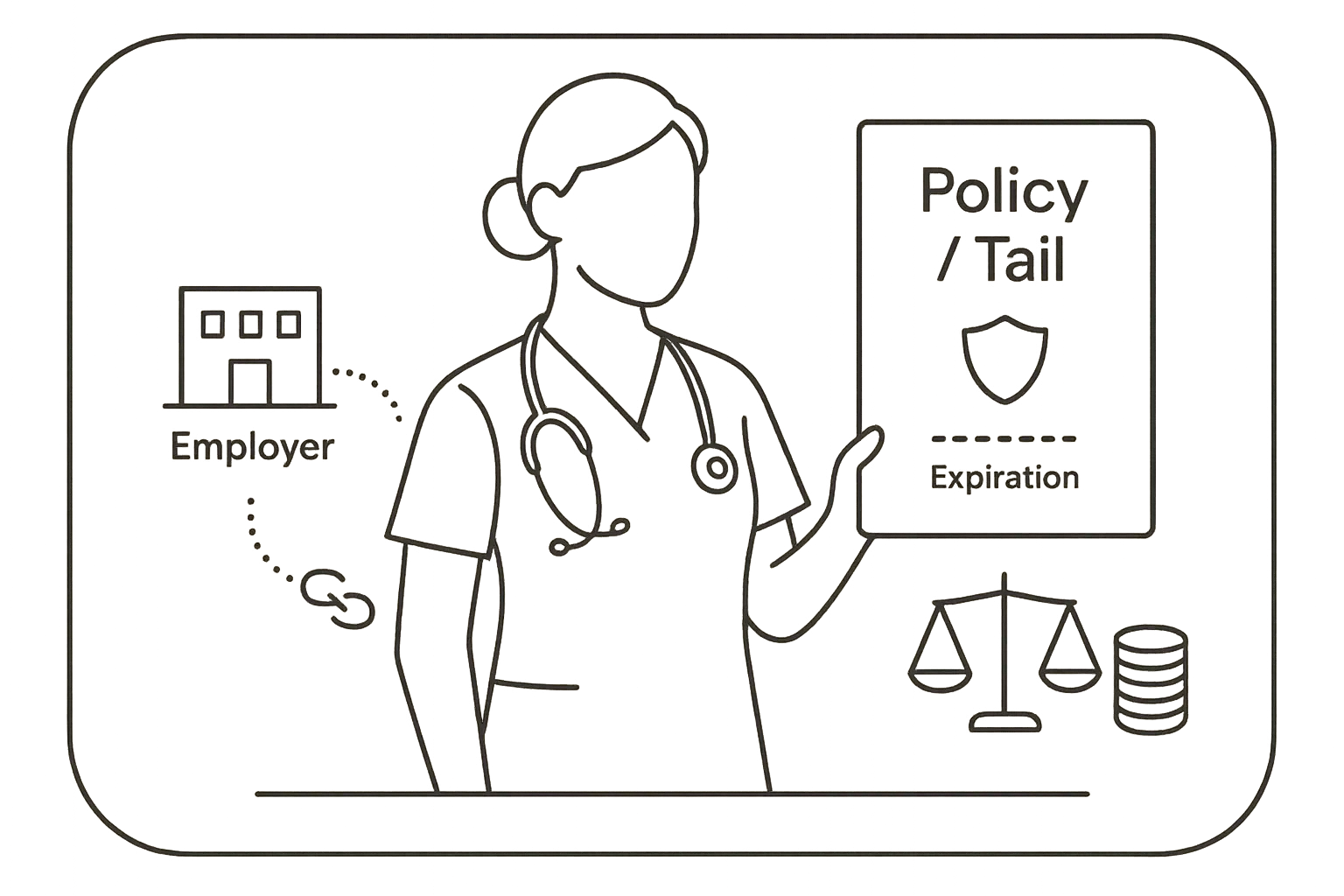 Nurse practitioner holding a tail insurance policy with scales and employer building of Nurse Practitioner Malpractice and Tail Insurance Review