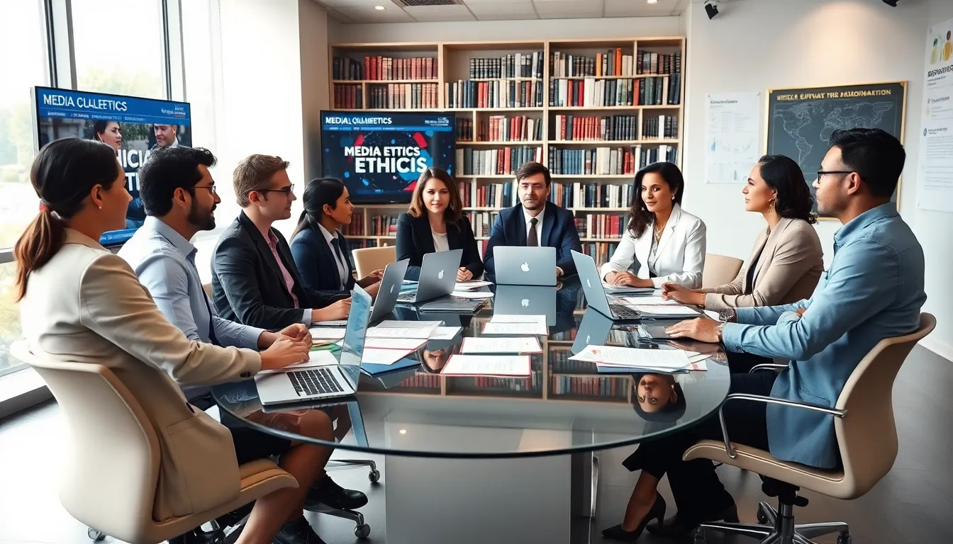 diverse journalists discussing media ethics in a modern newsroom.