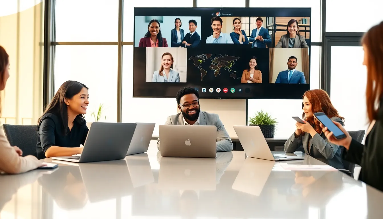 diverse team collaborating with technology in a modern office setting.