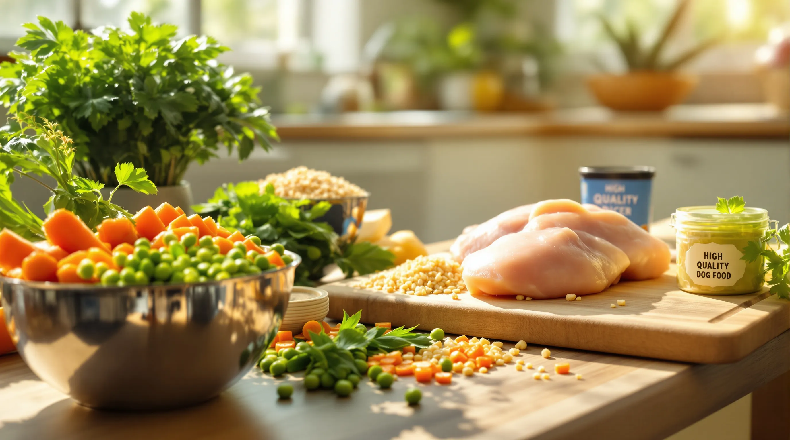various fresh vegetables and high-quality dog food ingredients on a kitchen countertop.